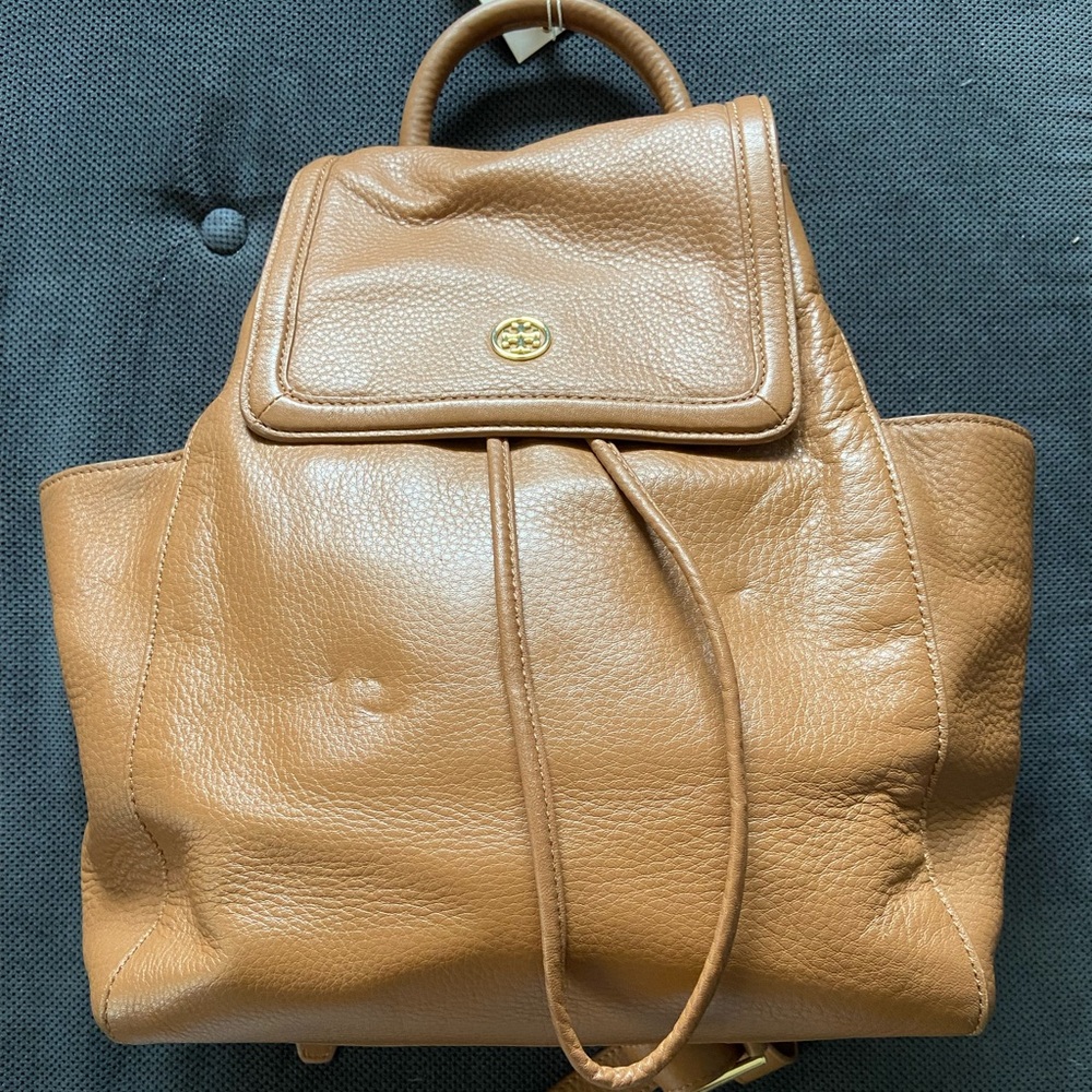 Tory Burch Landon Flap Bark Backpack in Pebbled Leather.